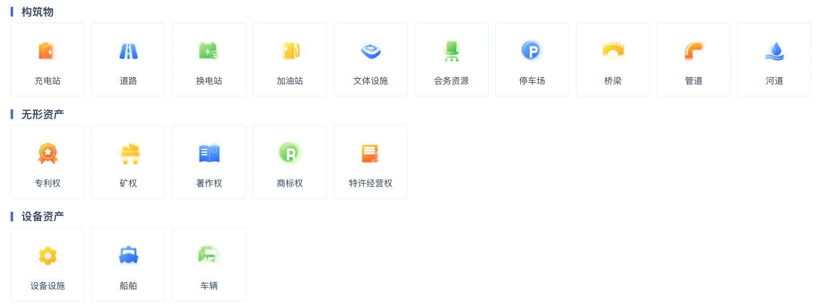 土地、房屋、构筑物、无形资产和设备资产分类产品界面