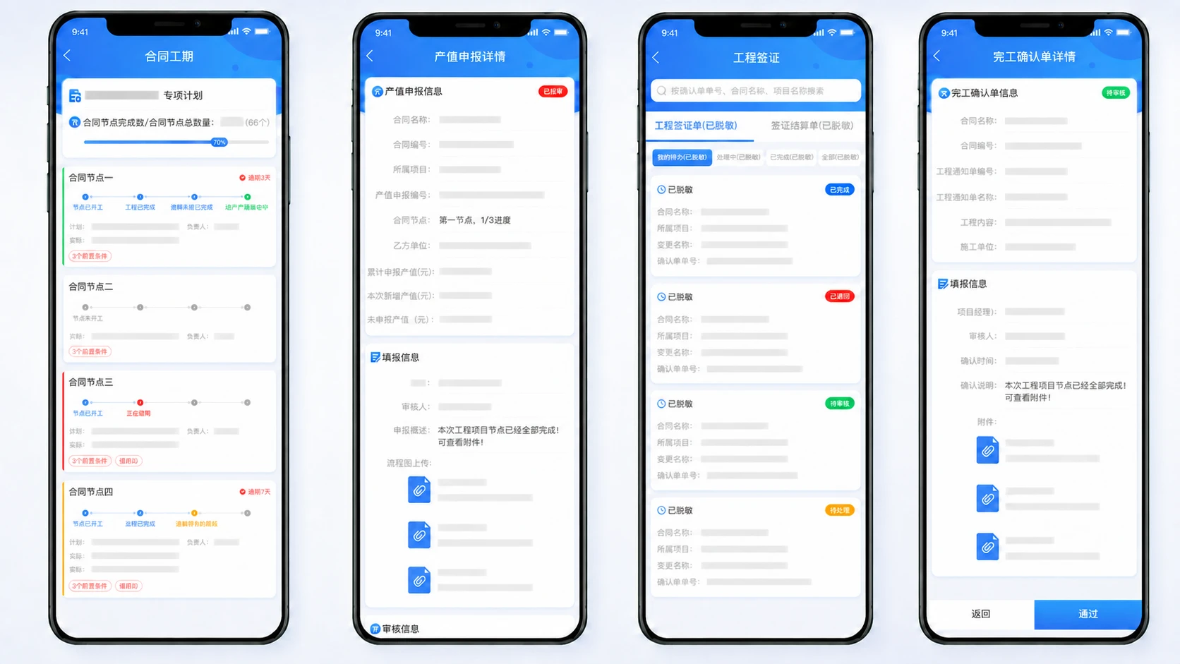 合同工期、产值申报、工程签证和完工确认工作视图