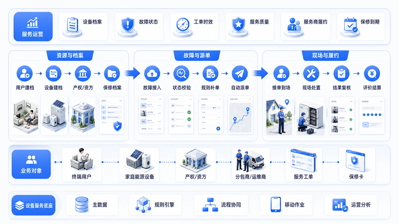 家庭能源设备售后运维架构,展示服务运营、资源与档案、故障与派单、现场与履约、业务对象及设备服务底座