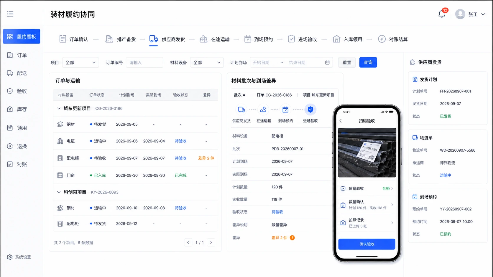 优码招采中心订单排产、供应商发货、运输、进场验收、入库领用、退换和对账产品工作视图