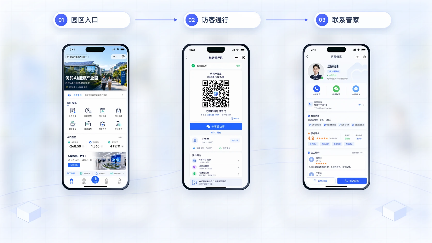 园区移动服务首页连接访客邀请与专属客服管家的企业服务视图