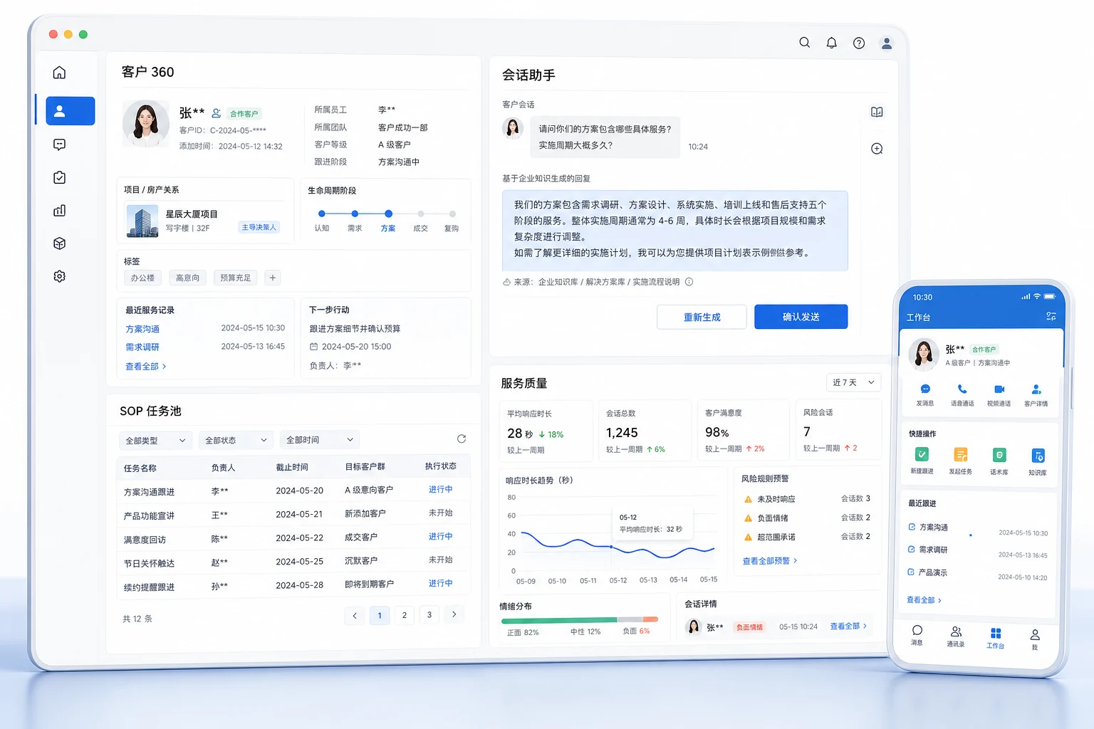 企微 SCRM 客户 360、会话助手、SOP 任务池与服务质量工作台