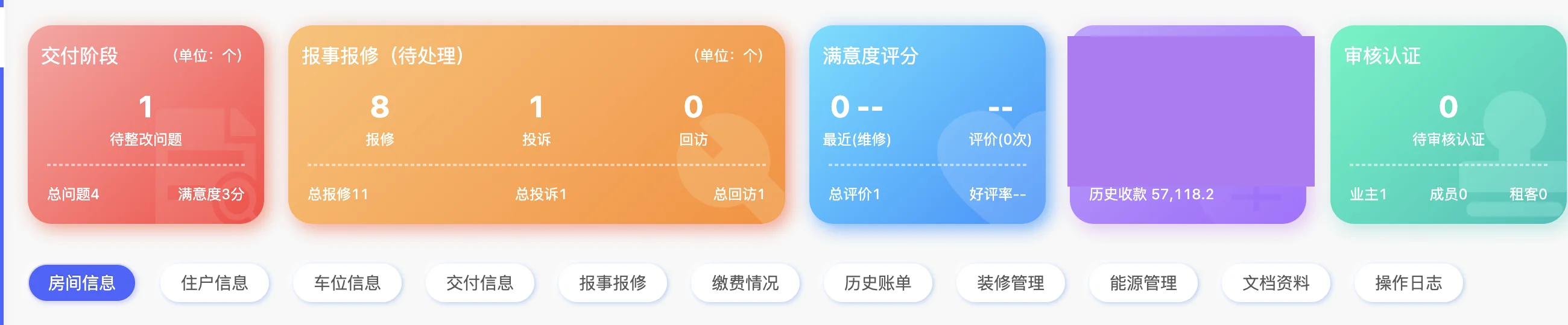 优客服一户一档归集房间、住户、交付与服务记录的软件界面